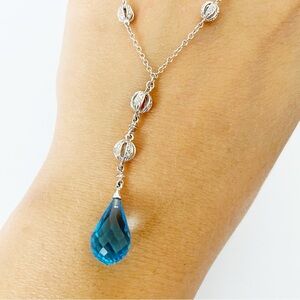 14k white gold diamond & blue topaz briolette lavalier necklace 18”